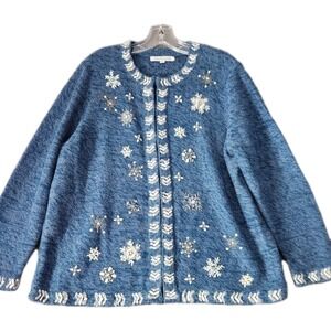 Vtg Designers Original Studio Women L Blue Snowflake Rhinestone Holiday Cardigan